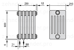 Схема (чертеж) Радиатор Zehnder Charleston 6060/5 №3370 Белый глянцевый RAL 9016